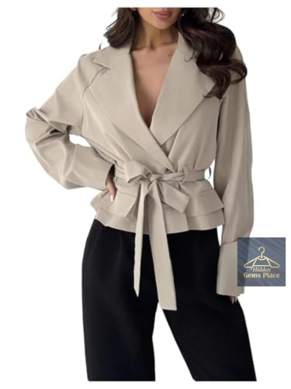 Cropped Trench Coat Long Sleeve Belted Lapel Fall Jacket Blazer
